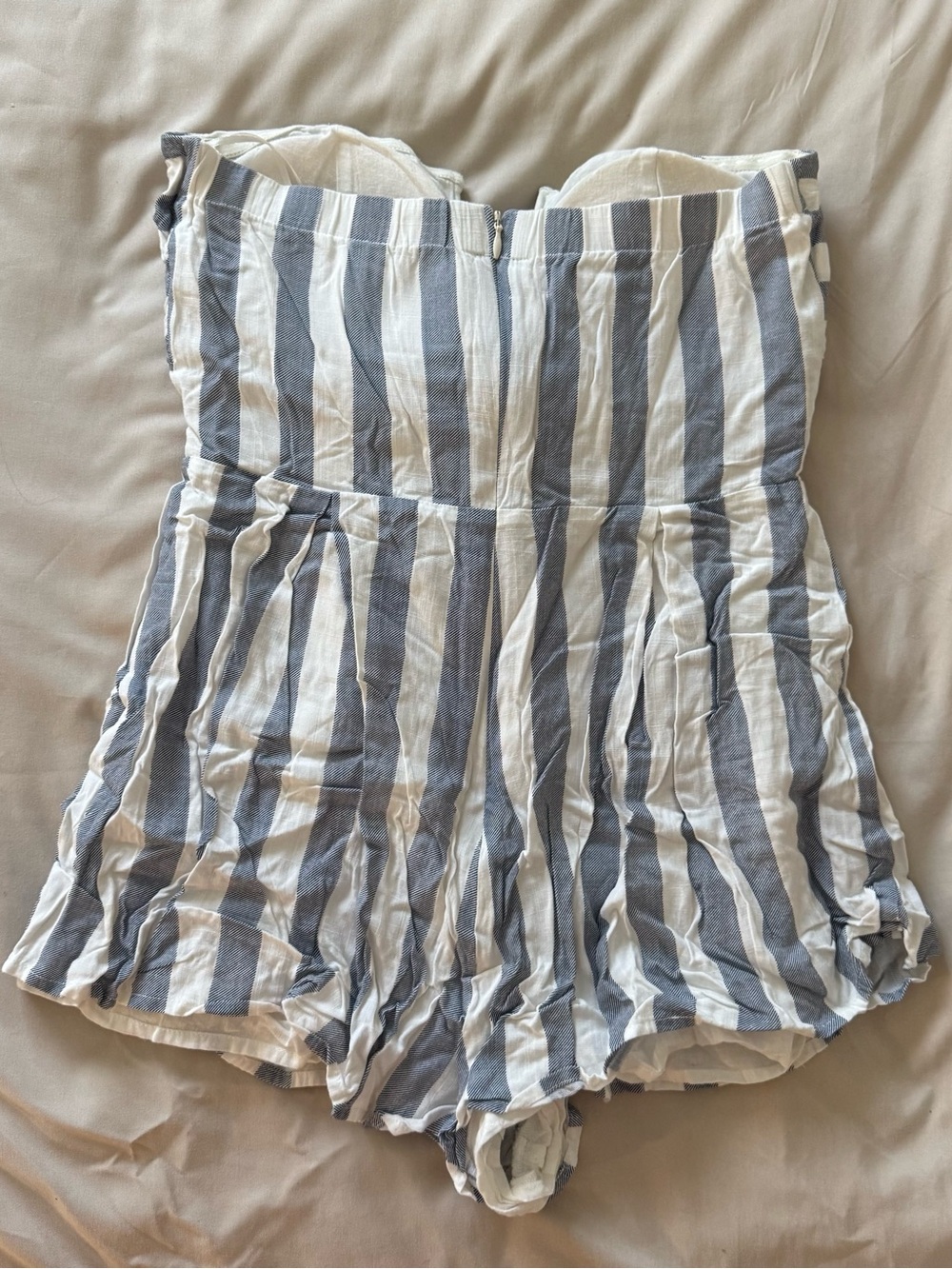 Striped Blue and White Tie-Front Strapless Romper - Picture 4 of 6